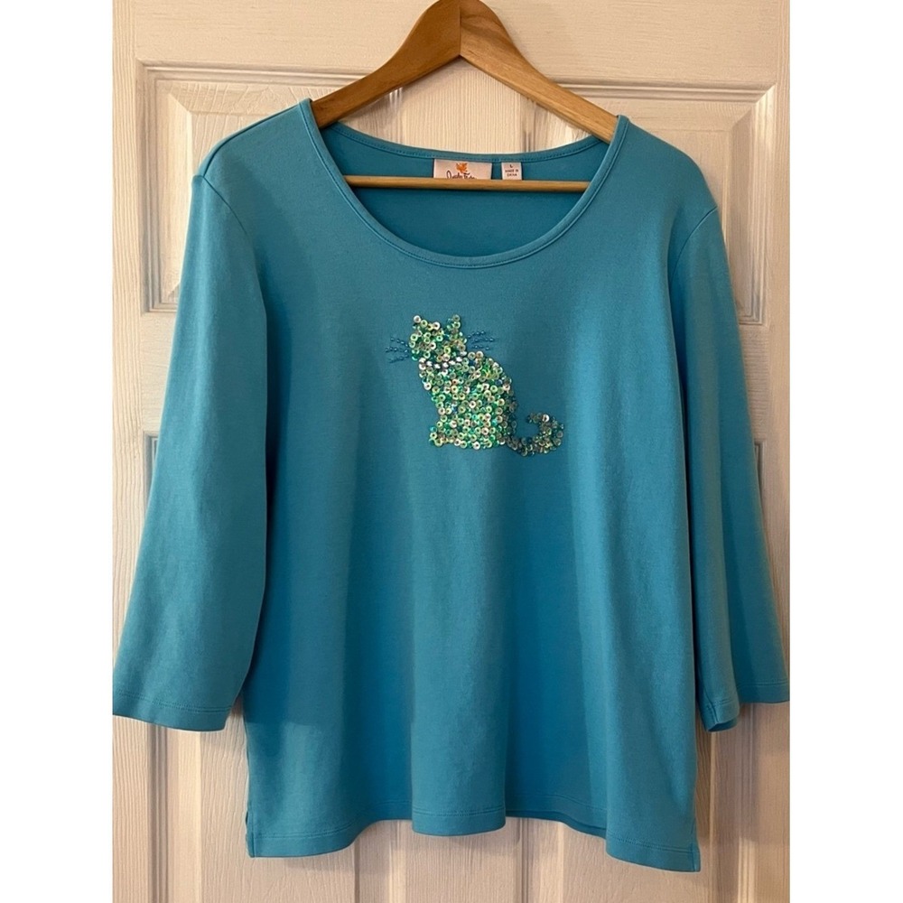 Quacker Factory Turquoise Sequin Cat Scoop Neck Top Cotton 3/4 Sleeve Bling